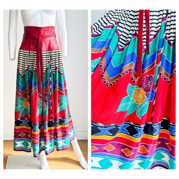 Vintage Wayne Clark Colourful Geometric Print Leather Detail Maxi Skirt S - Picture 1 of 10
